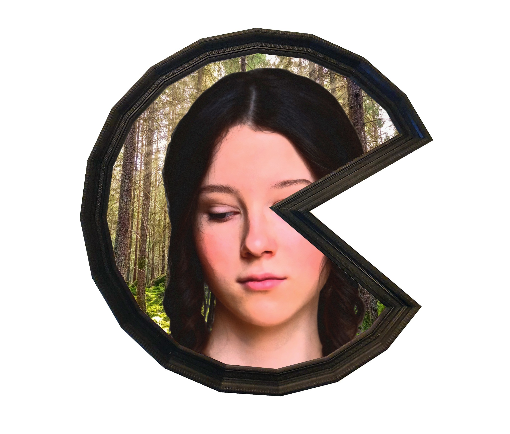Portrait of the Holy Virgin in a frame with a wedge-shaped opening resembling Pac-Man